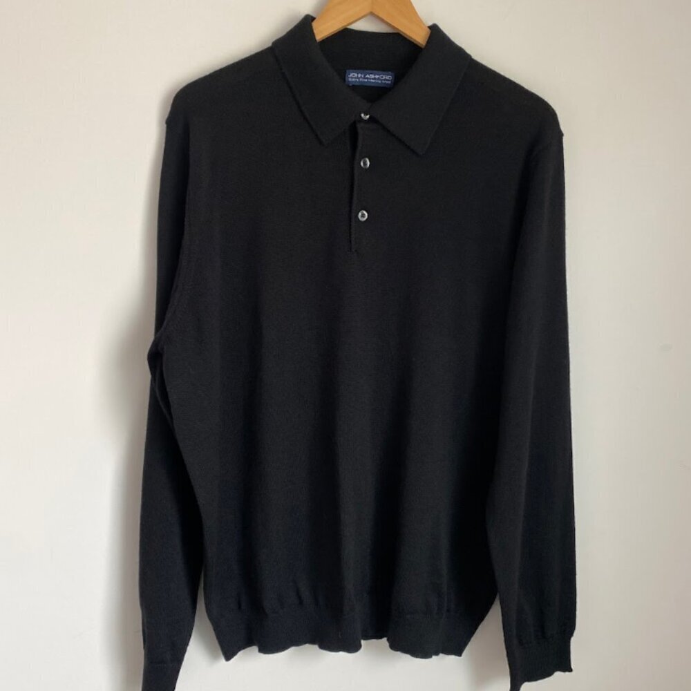 John Ashford Merino Wool Polo Shirt Sweater Black Size L
